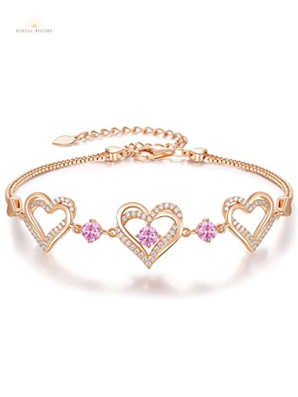 Rose Gold Plated Cubic Zirconia Birthstone Heart Charm Bracelet Women Gift
